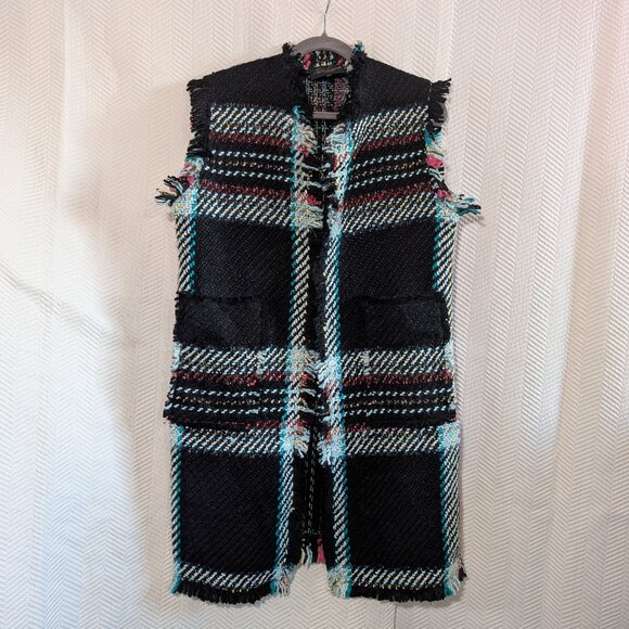 Luisa Spagnoli Sweaters - Luisa Spagnoli Italy Woven Knit Vest Black Multicolor Plaid Fringe Large IT 46